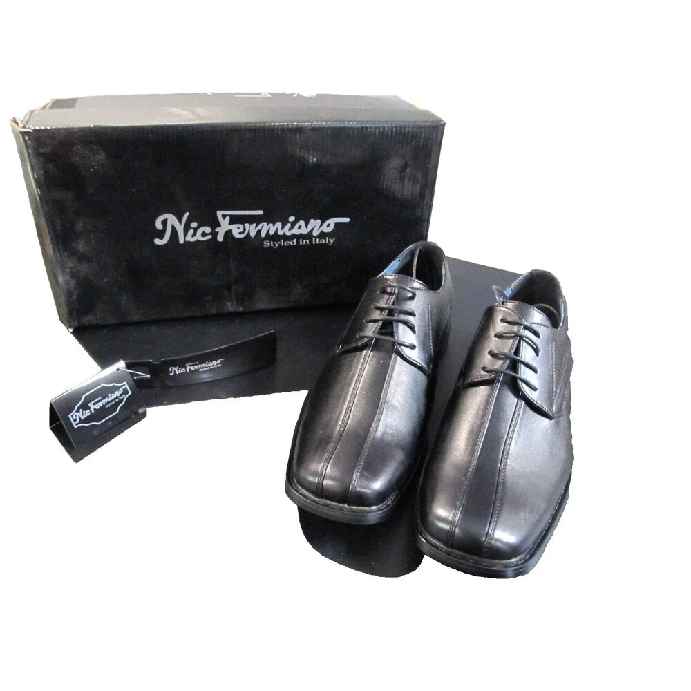 Nic Fermiano Men’s Black Dress Shoes 8.5 NIB Square Toe Lace‑Up Oxford